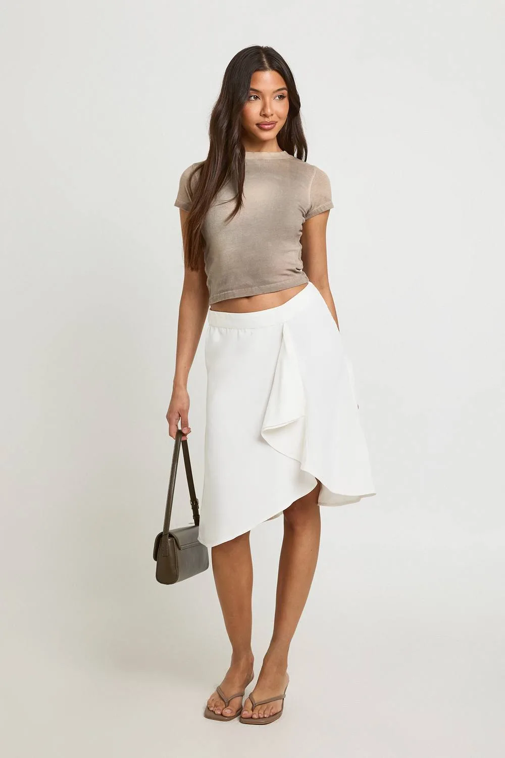 Crinkle Chiffon Awkward Length Midi Skirt by boohoo
