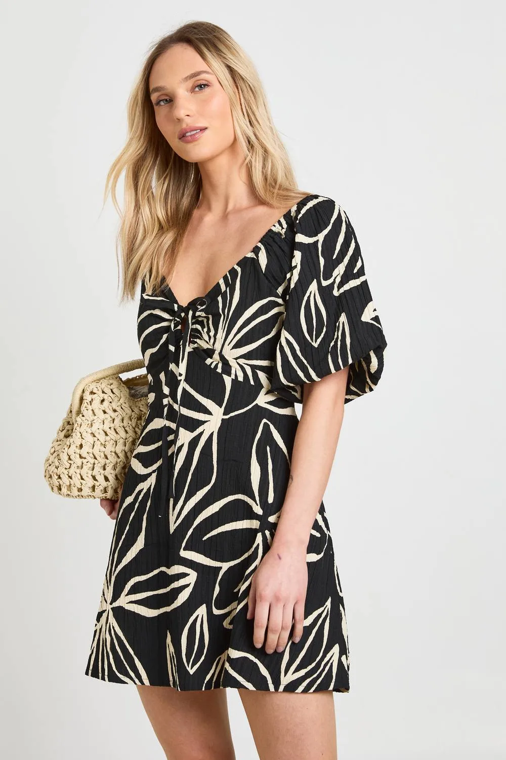 Floral Textured Volume Sleeve Mini Dress by boohoo