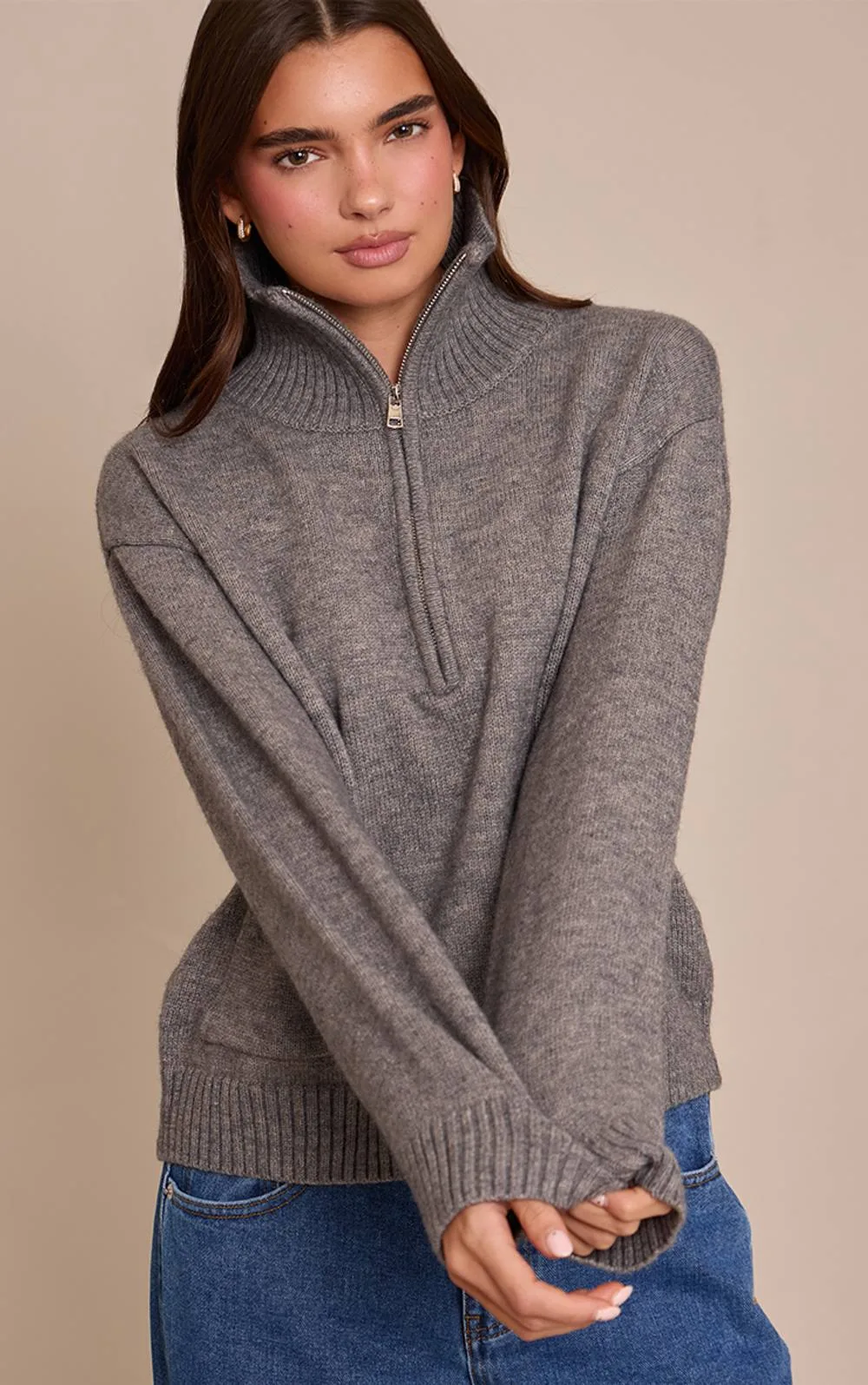Quarter Zip Knit Funnel Neck Jumper by PrettyLittleThing