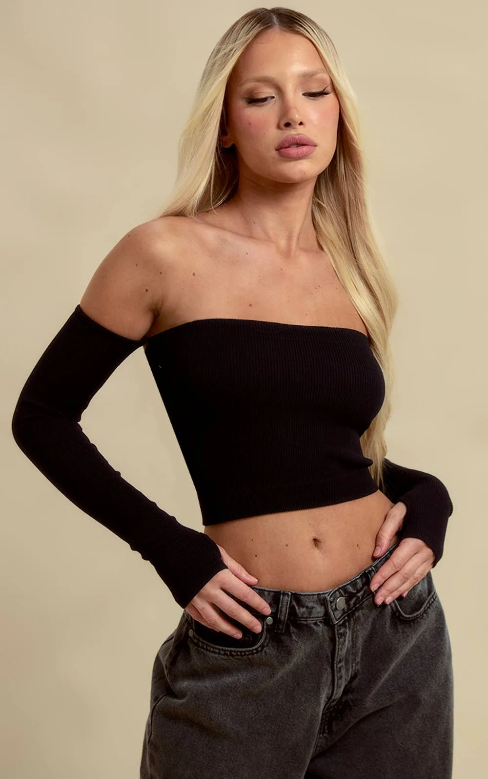Basic Structured Contour Rib Bardot Crop Top by PrettyLittleThing