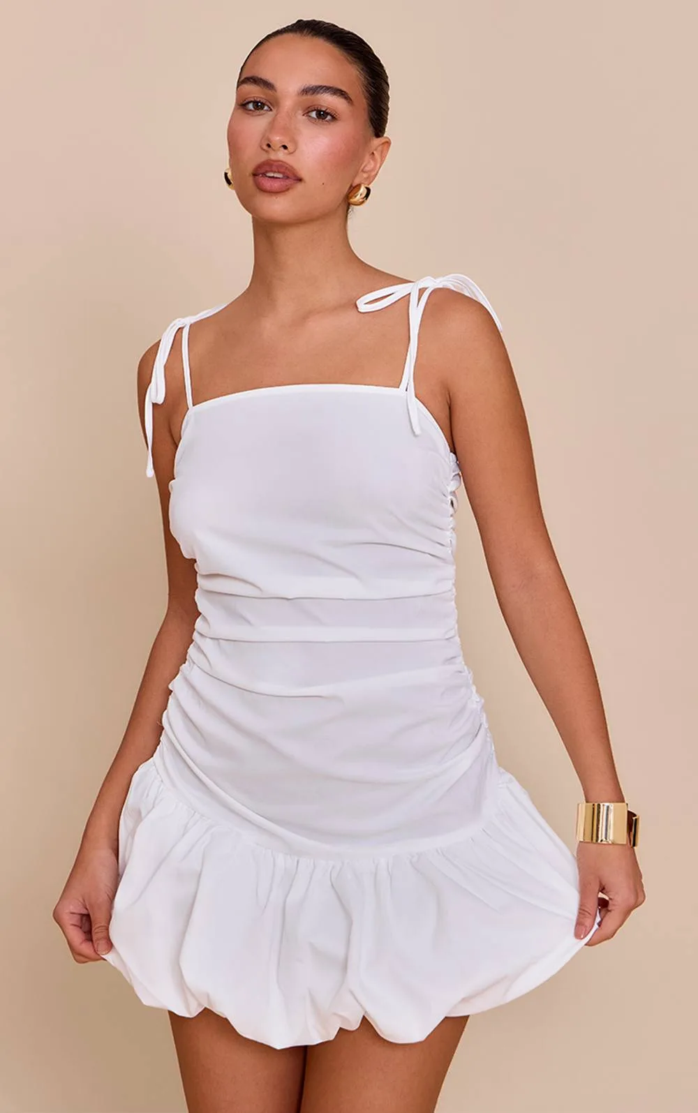 Check Ruched Detail Strappy Puffball Dress