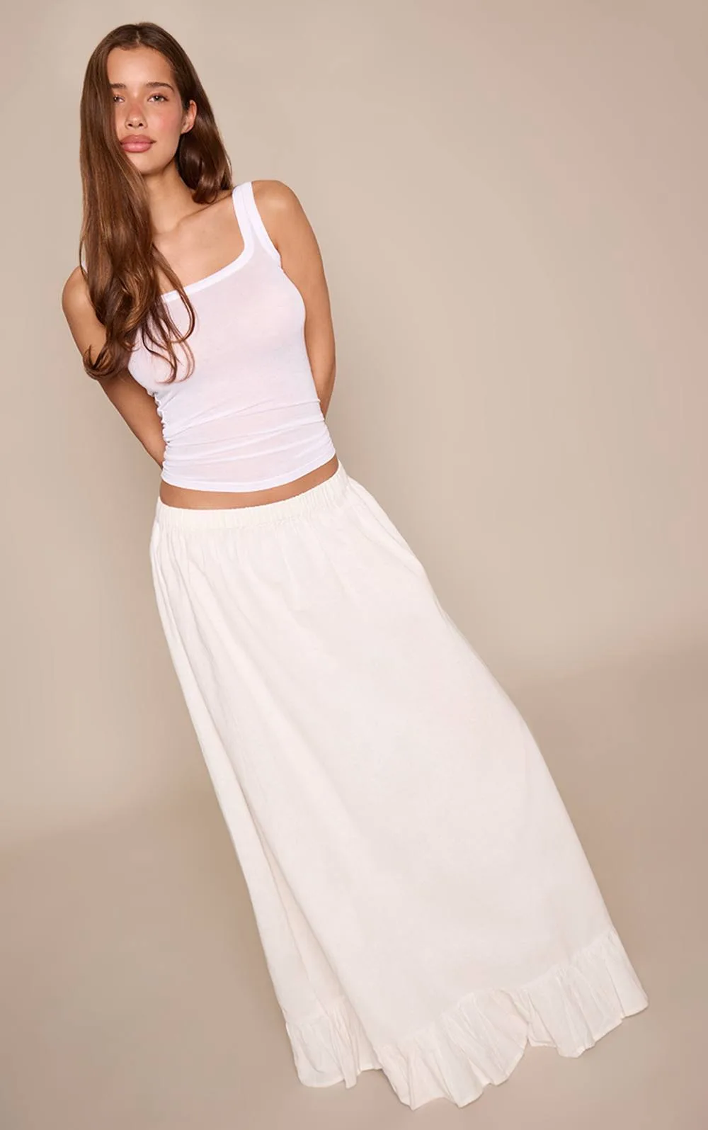 Linen Look Tiered Floaty Maxi Skirt by PrettyLittleThing