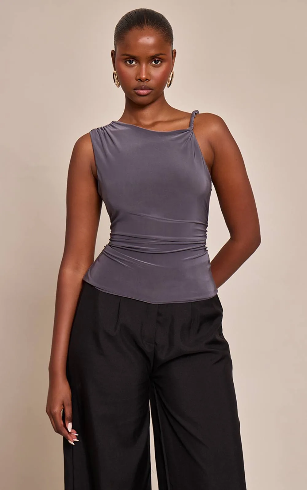 Double Layer Twist Shoulder Detail Long Top