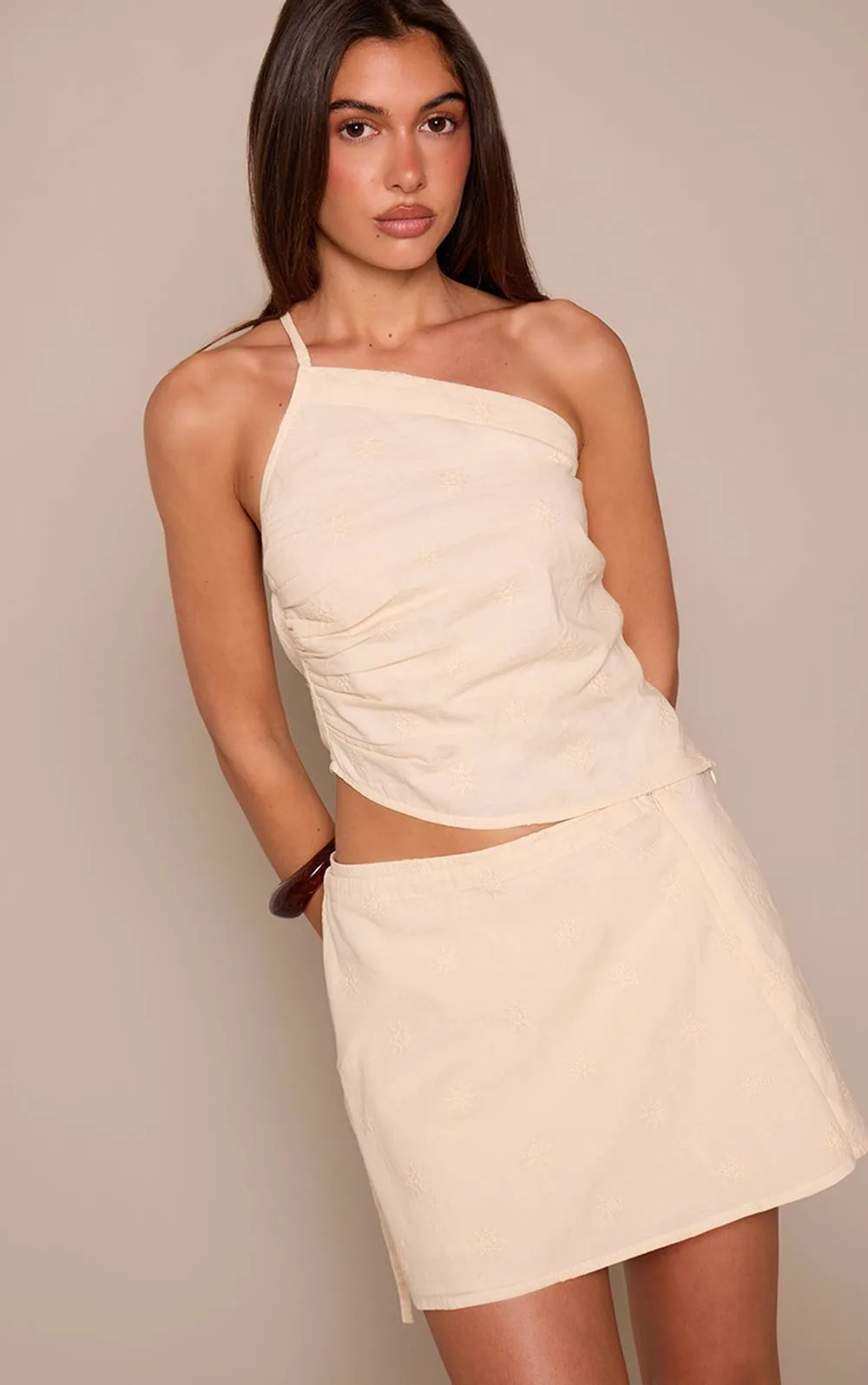 Flower Embroidery One Shoulder Top Co-Ord