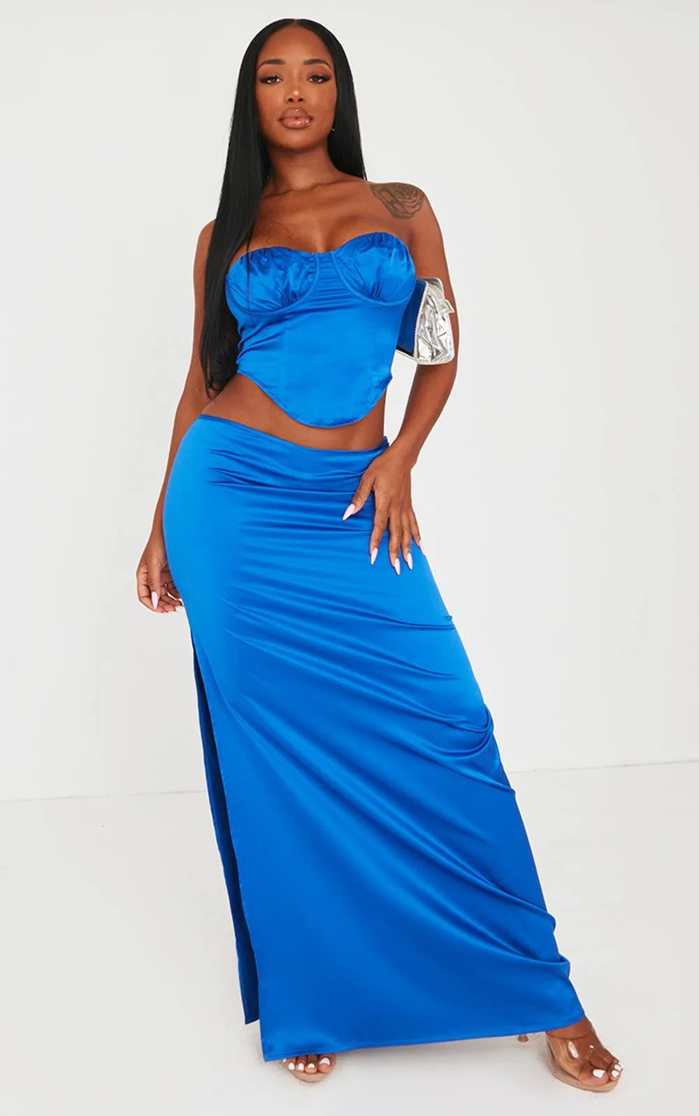 Satin Low Rise Maxi Skirt Co-Ord