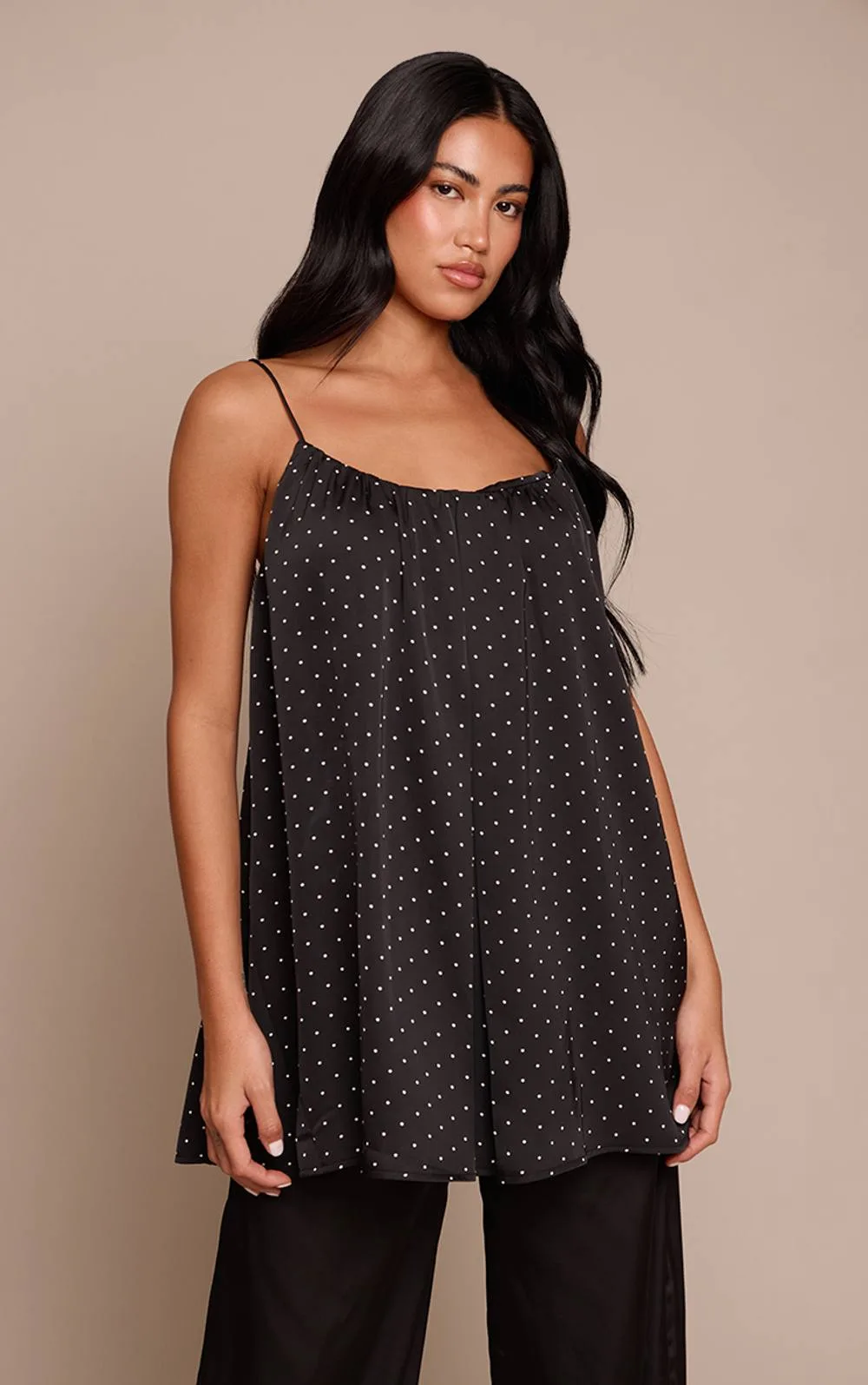 Polka Dot Satin Strappy Flowy Longline Cami Top by PrettyLittleThing