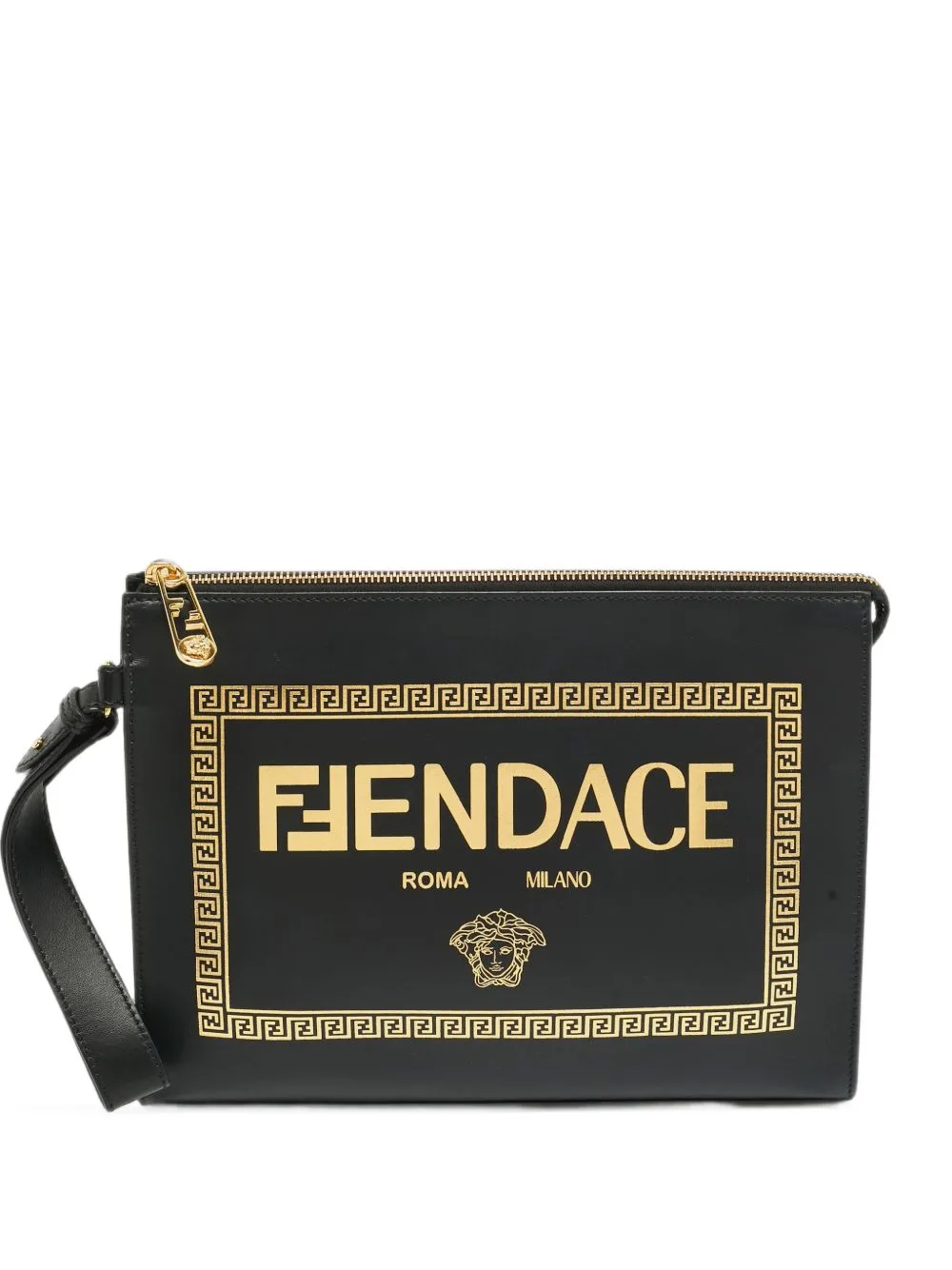 Fendi x Versace Logo Fendace Wristlet Calf Leather Clutch Bag by Fendi Pre-Owned