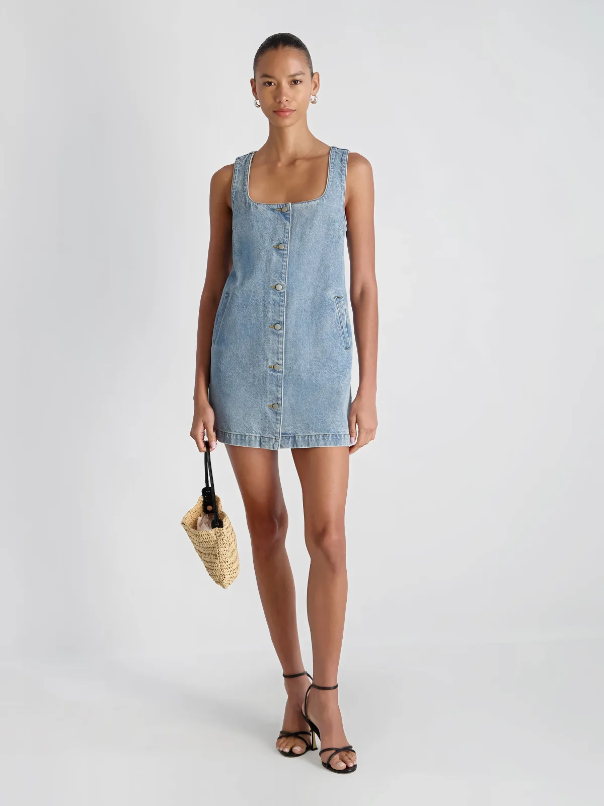 90s Denim Button-Front Sleeveless Mini Dress