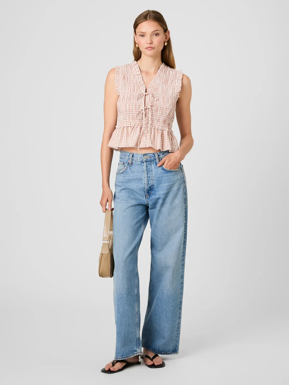 Rhodes Poplin Gingham Flutter Sleeve Top by French Connection