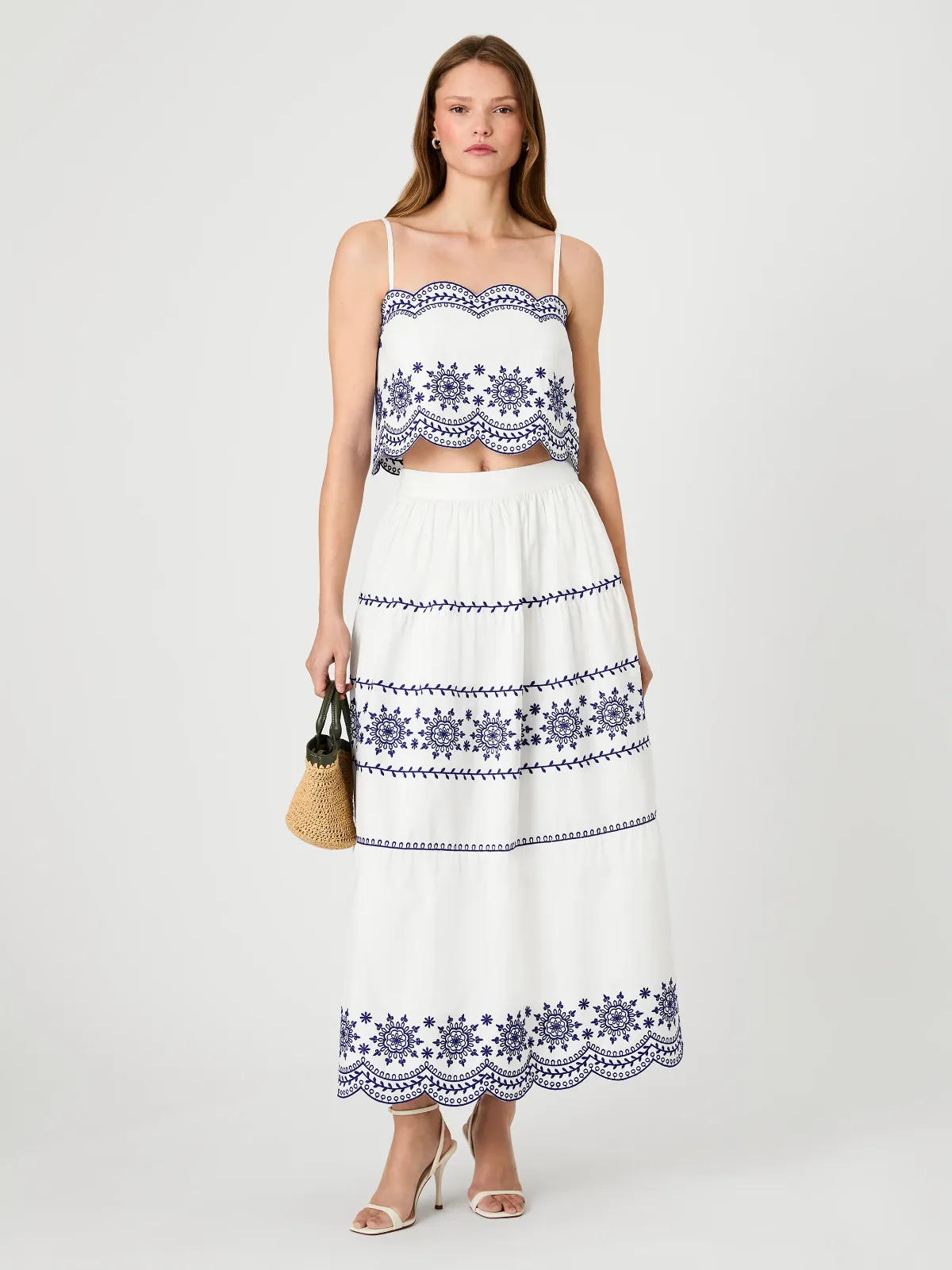 Alissa Cotton Embroidered Midi Skirt by French Connection