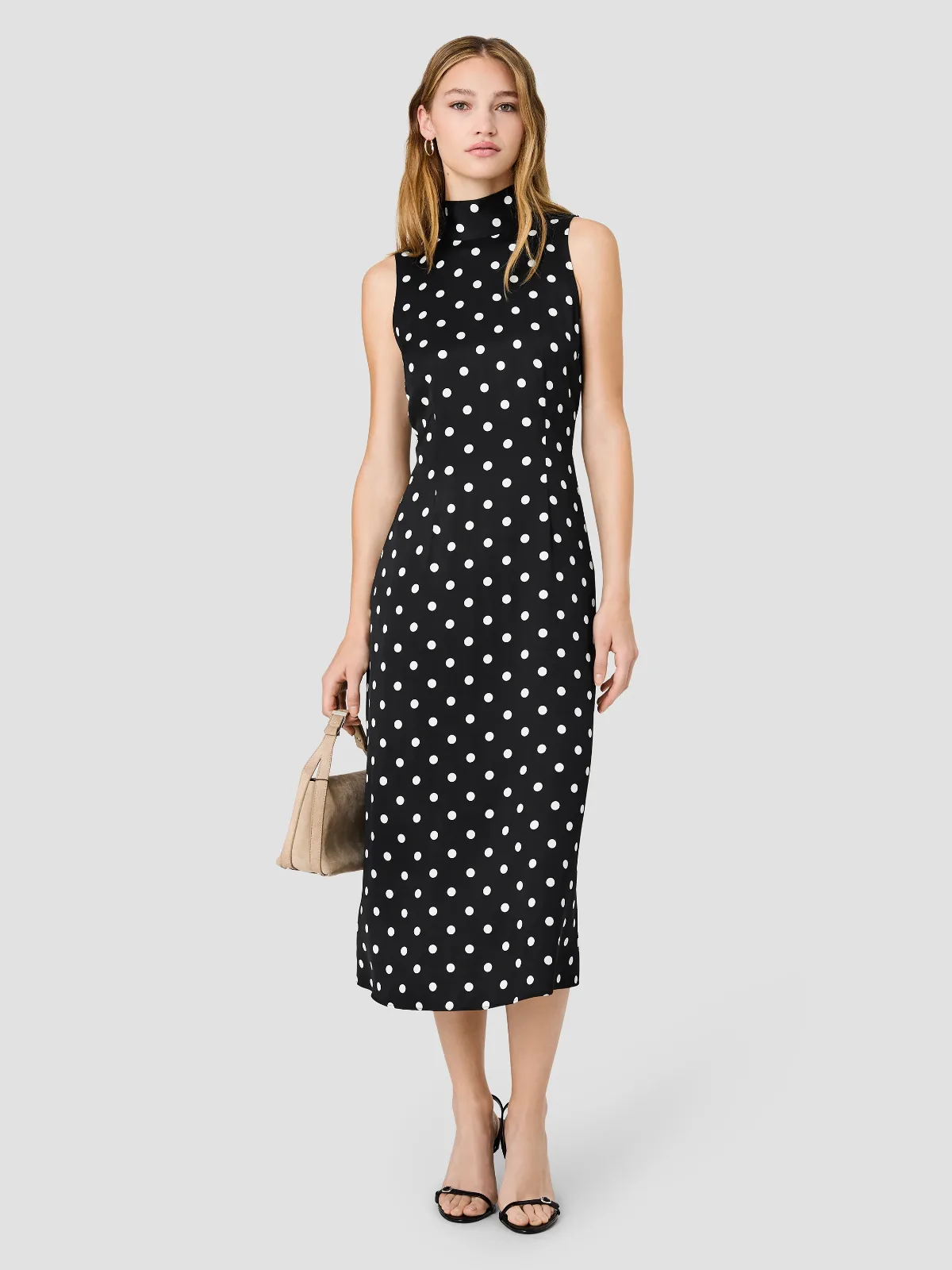 Ennis Satin Bow Neck Polka Dot Midi Dress by French Connection