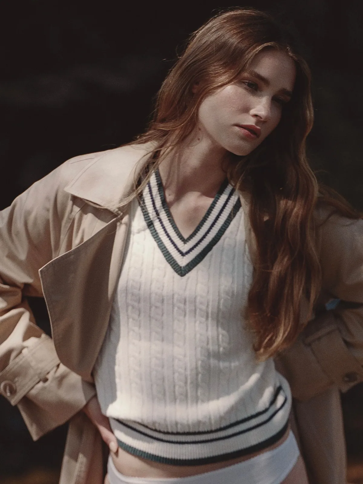 Aleyna Knit V-Neck Cable Pullover Sweater