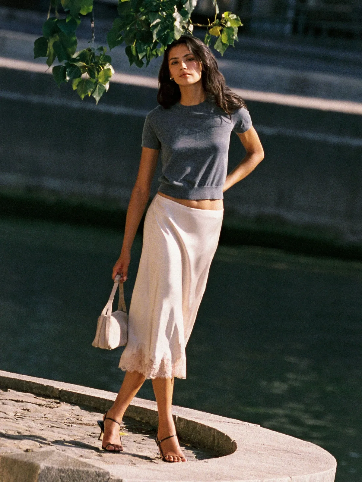 Ennis Satin Lace Midi Skirt by French Connection