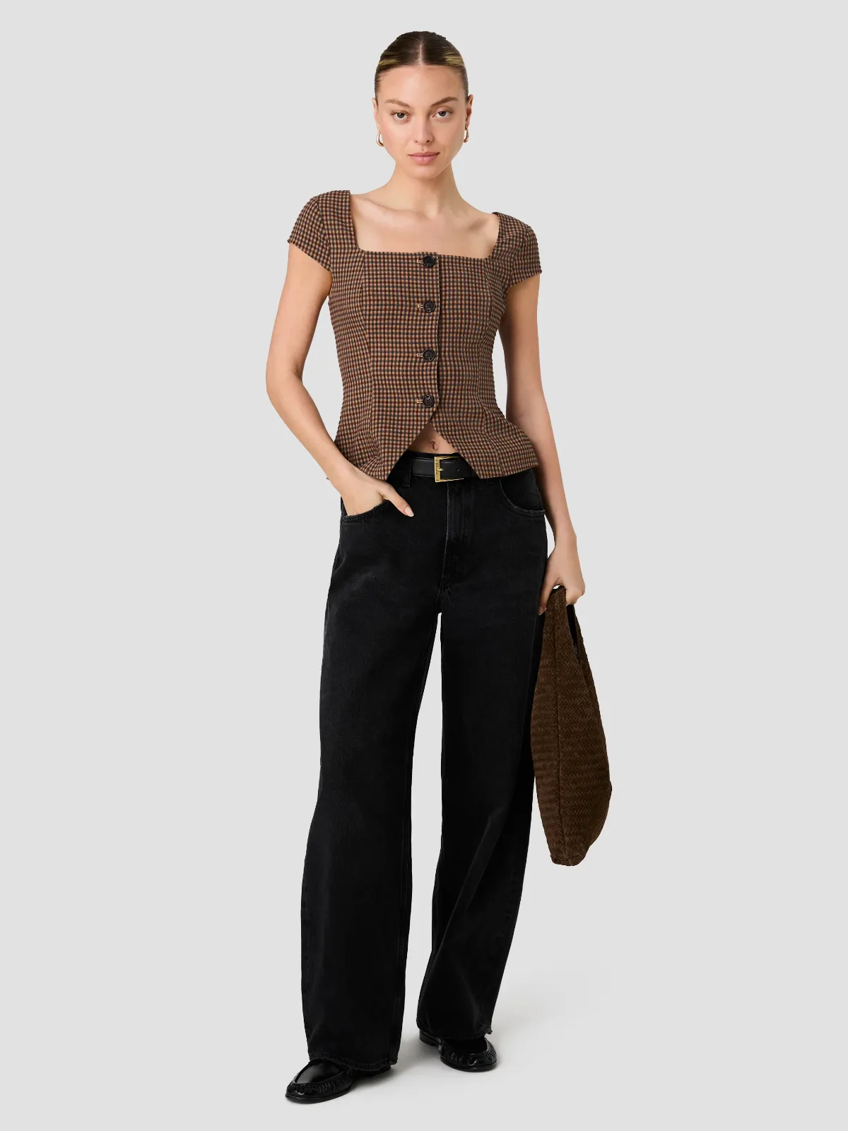 Diana Textured Gingham Button Front Top by French Connection