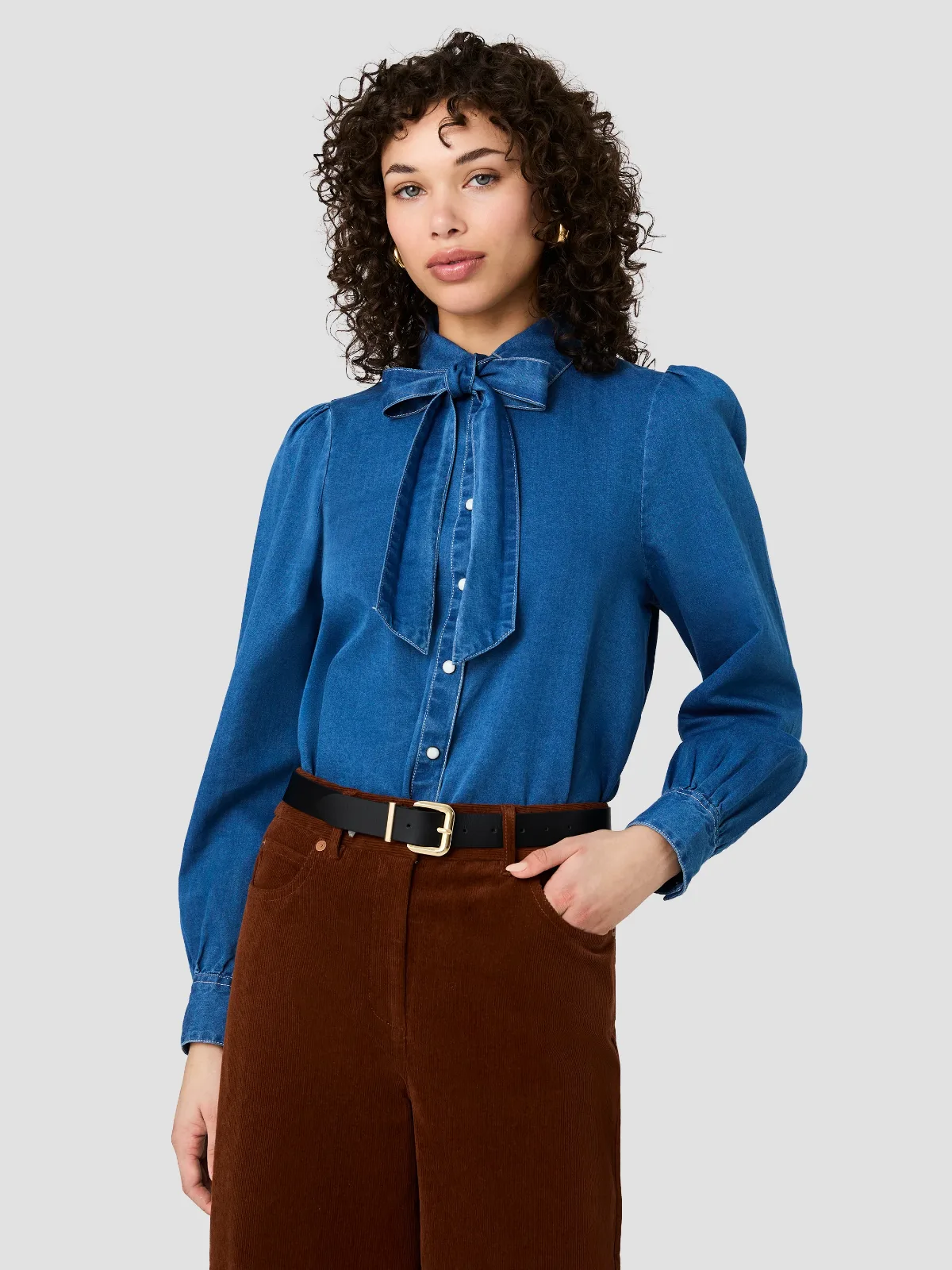 Zaves Chambray Bow Long Sleeve Top by French Connection