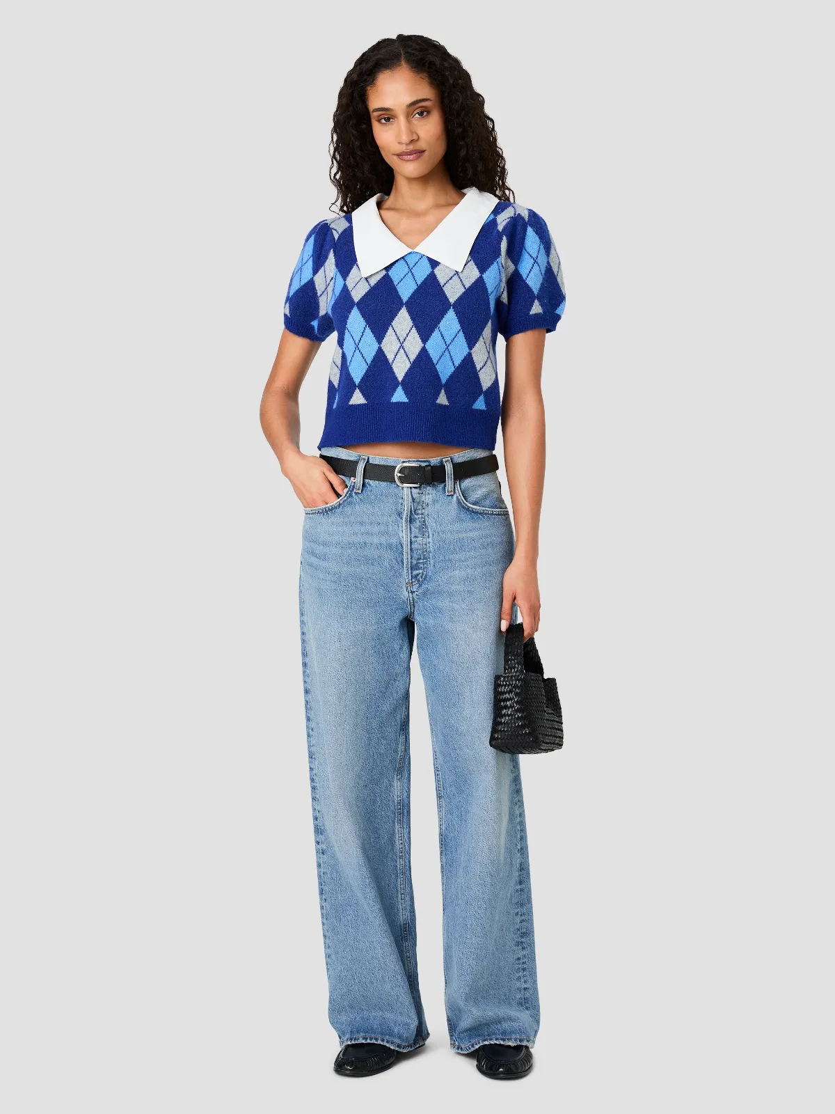 Koda Knit Collared Argyle Jacquard Puff Sleeve Top by French Connection
