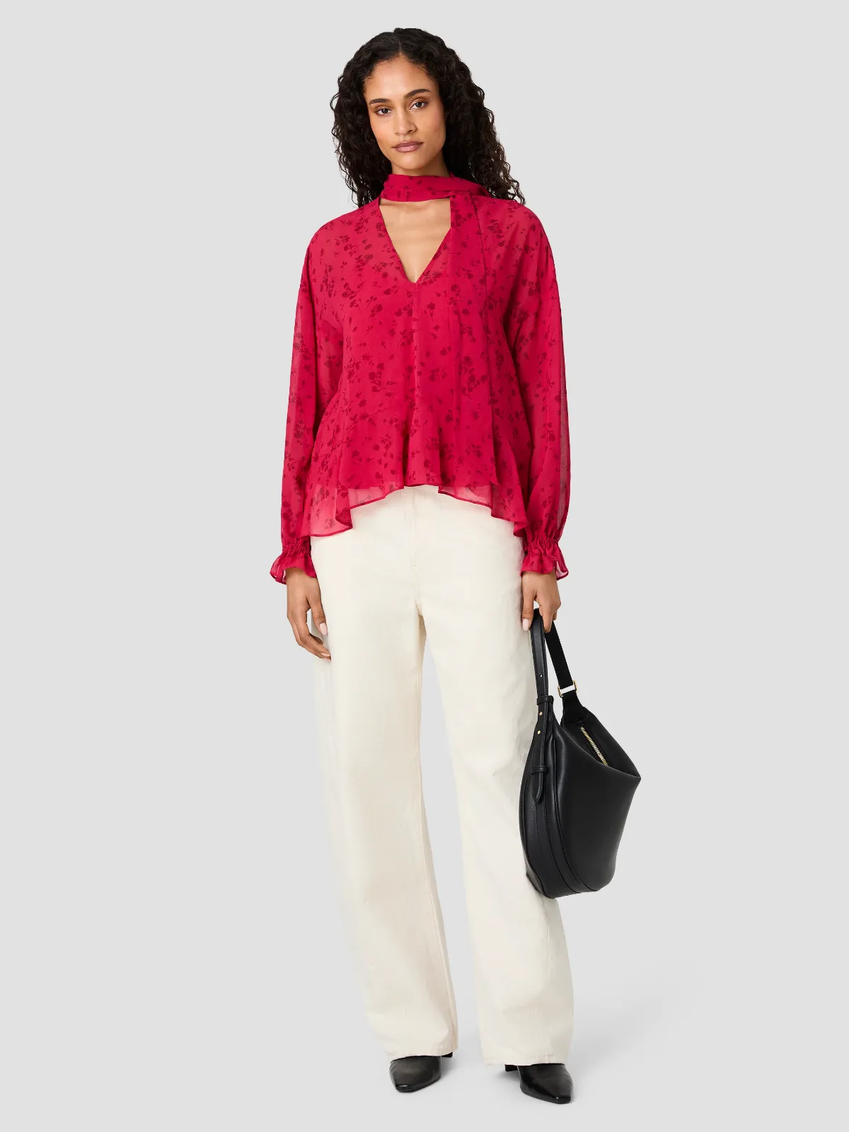 Marina Silky Chiffon Fleur Long Sleeve Ruffle Top by French Connection