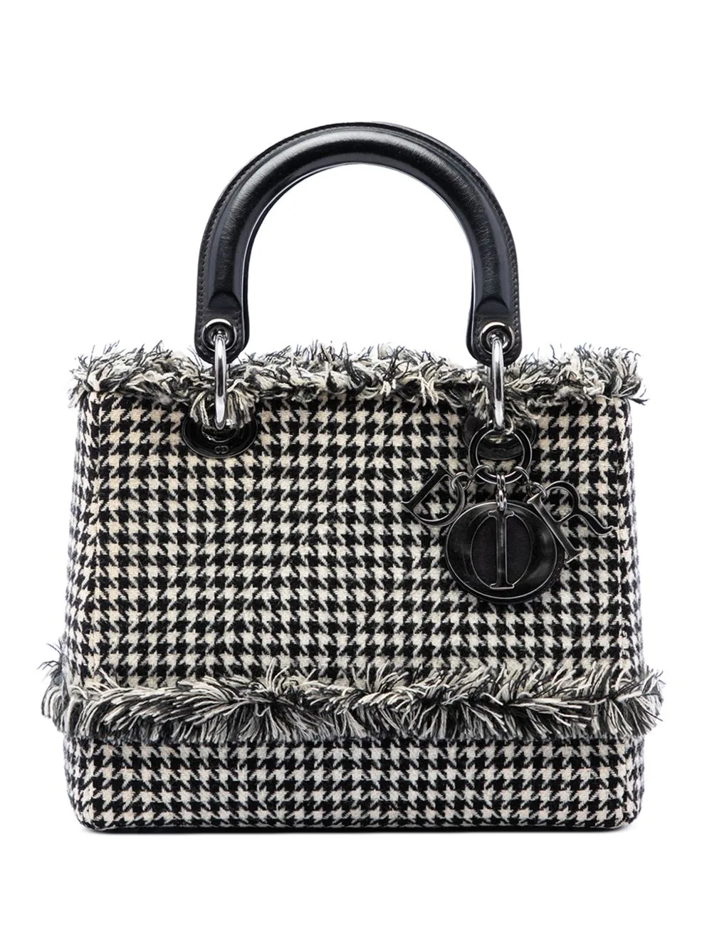 2013 Medium Tweed Fringe Houndstooth Lady Dior Satchel by Christian Dior Pre-Owned