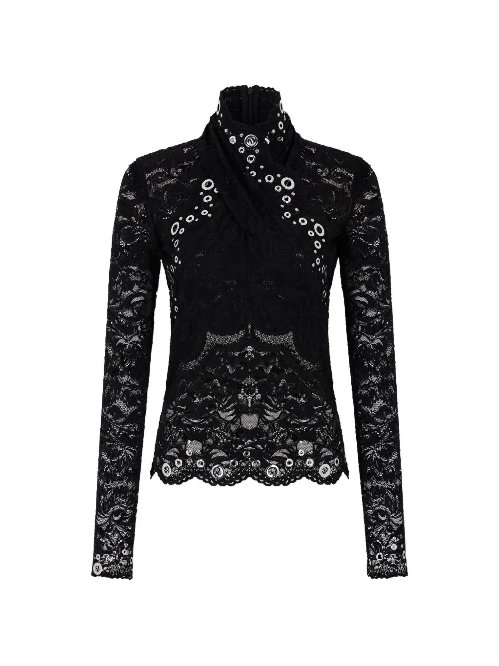 Long-Sleeve Top in Black Layered Lace with Silver Eyelets Details by Rabanne