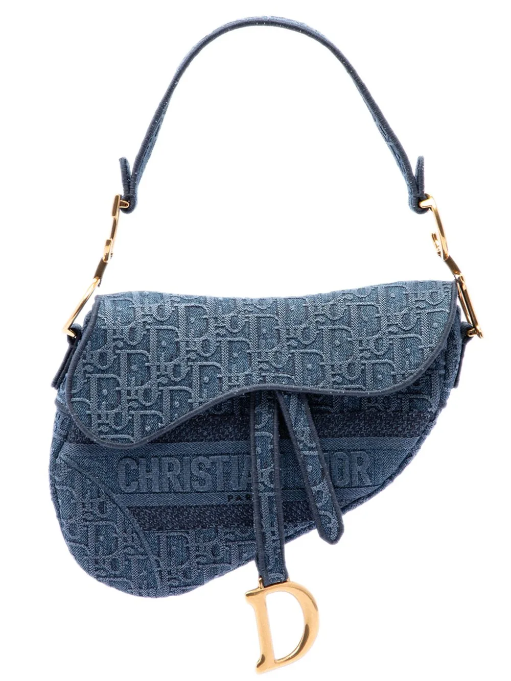 2019 Oblique Embroidered Denim Saddle Bag Shoulder Bag by Christian Dior Pre-Owned