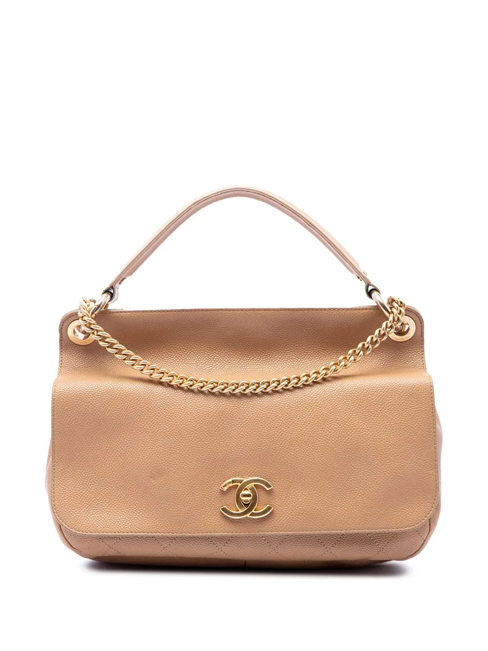 2016-2017 CC Stitched Caviar Turnlock Top Handle Flap Satchel by CHANEL Pre-Owned