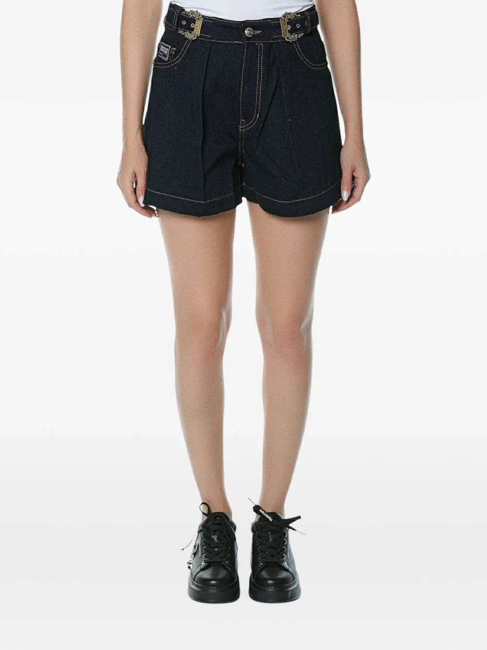Nia Buckle-Detail Pleated Denim Shorts by Versace Jeans Couture