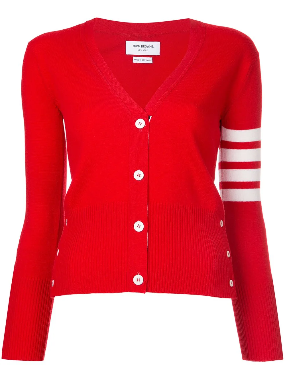 Classic V-Neck Cardigan in White 4-Bar Stripe in Cashmere by Thom Browne