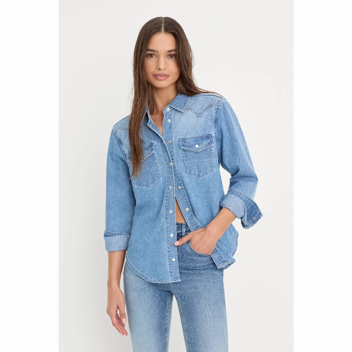 Dolly Slim Fit Denim Shirt by Khloé Kardashian by GOOD AMERICAN