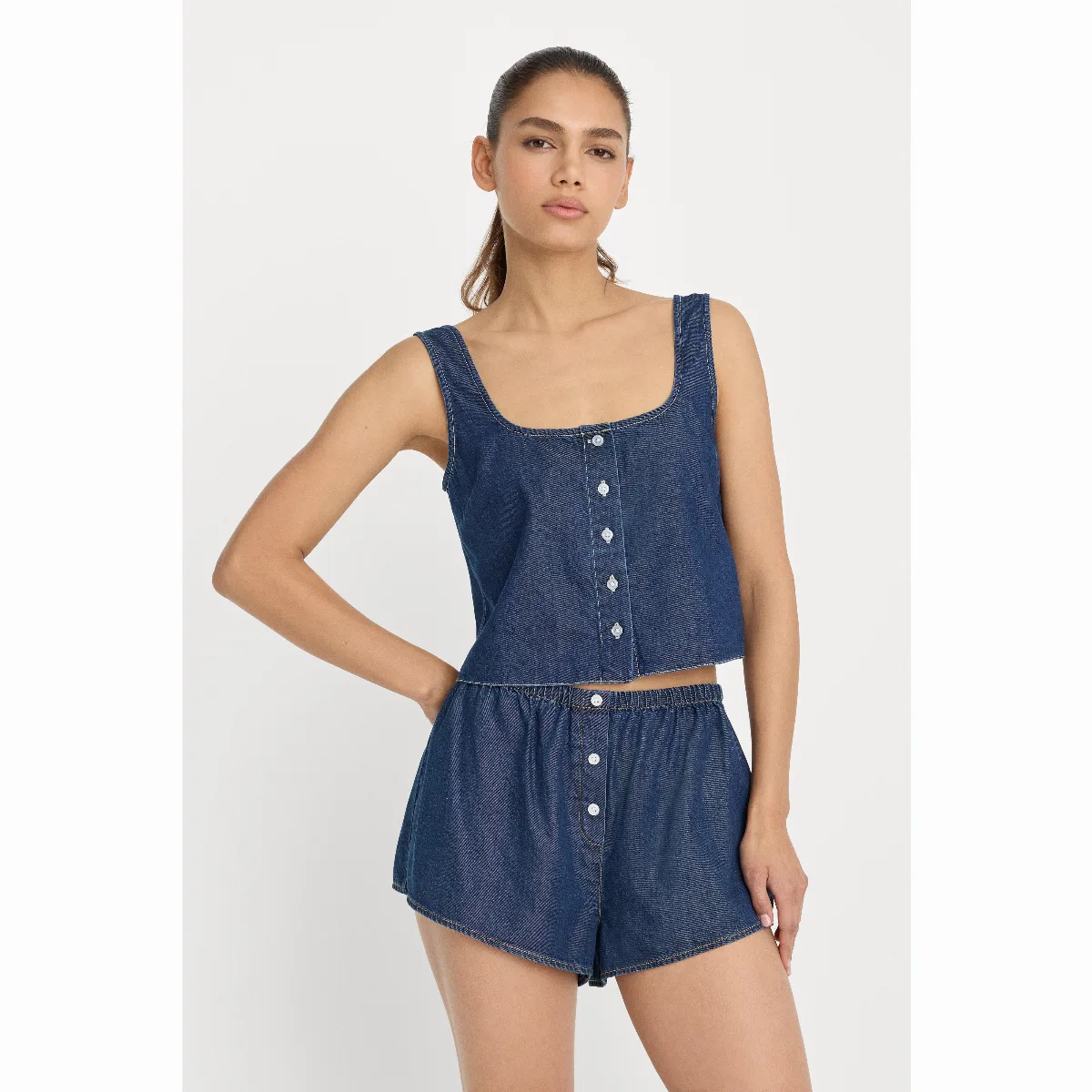 Denim Button Front Tank Top by Khlo Kardashian by GOOD AMERICAN