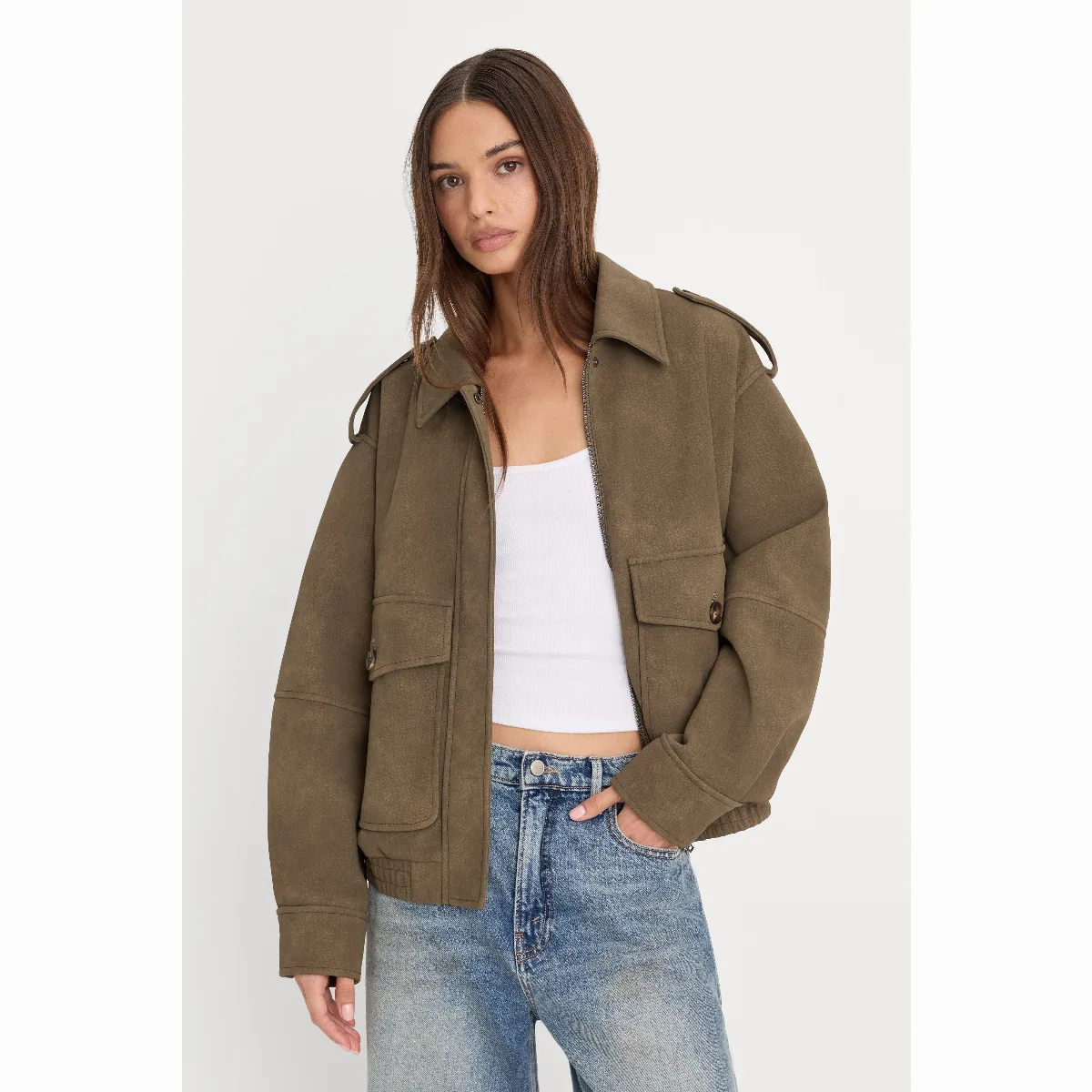 The Better Than Leather Bomber, Vegan Leather by Khlo - Stone by GOOD AMERICAN