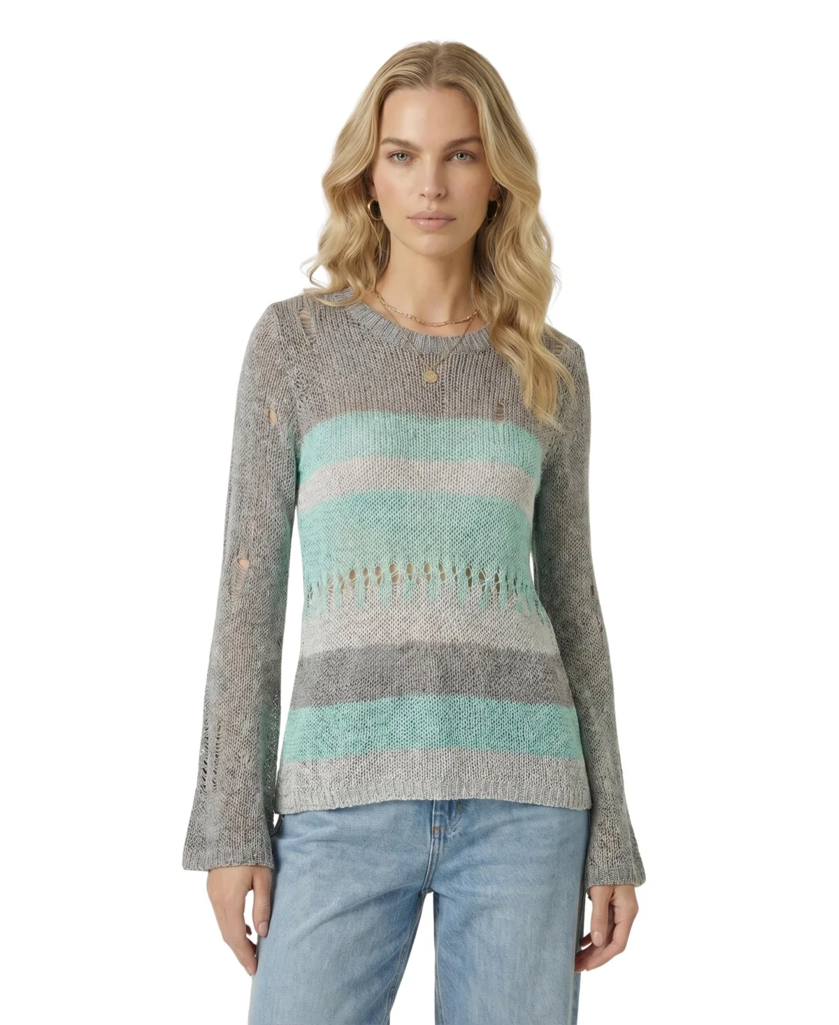 Distressed Stripe Flared-Sleeve Knit Sweater by Modenaire