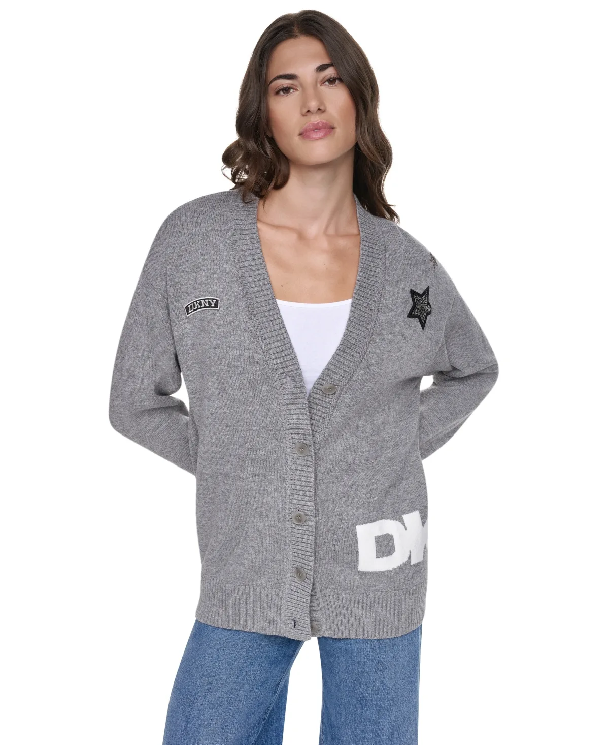 Pins & Patches V-Neck Long-Sleeve Cardigan by Dkny