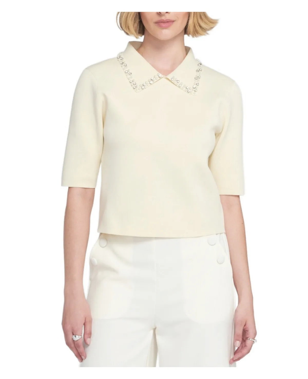 Embellished Collar Knit Top Shawl Sweater by Elle Collection