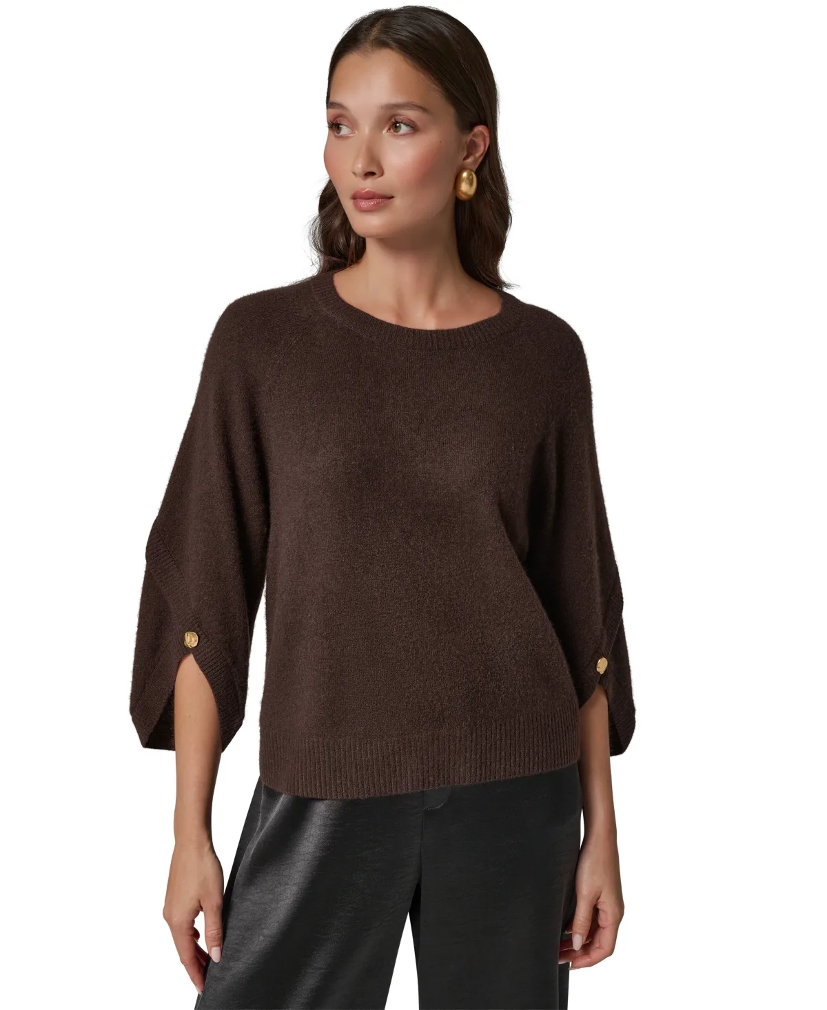 Cashmere 3/4-Sleeve Tulip Crewneck Sweater by Donna Karan New York