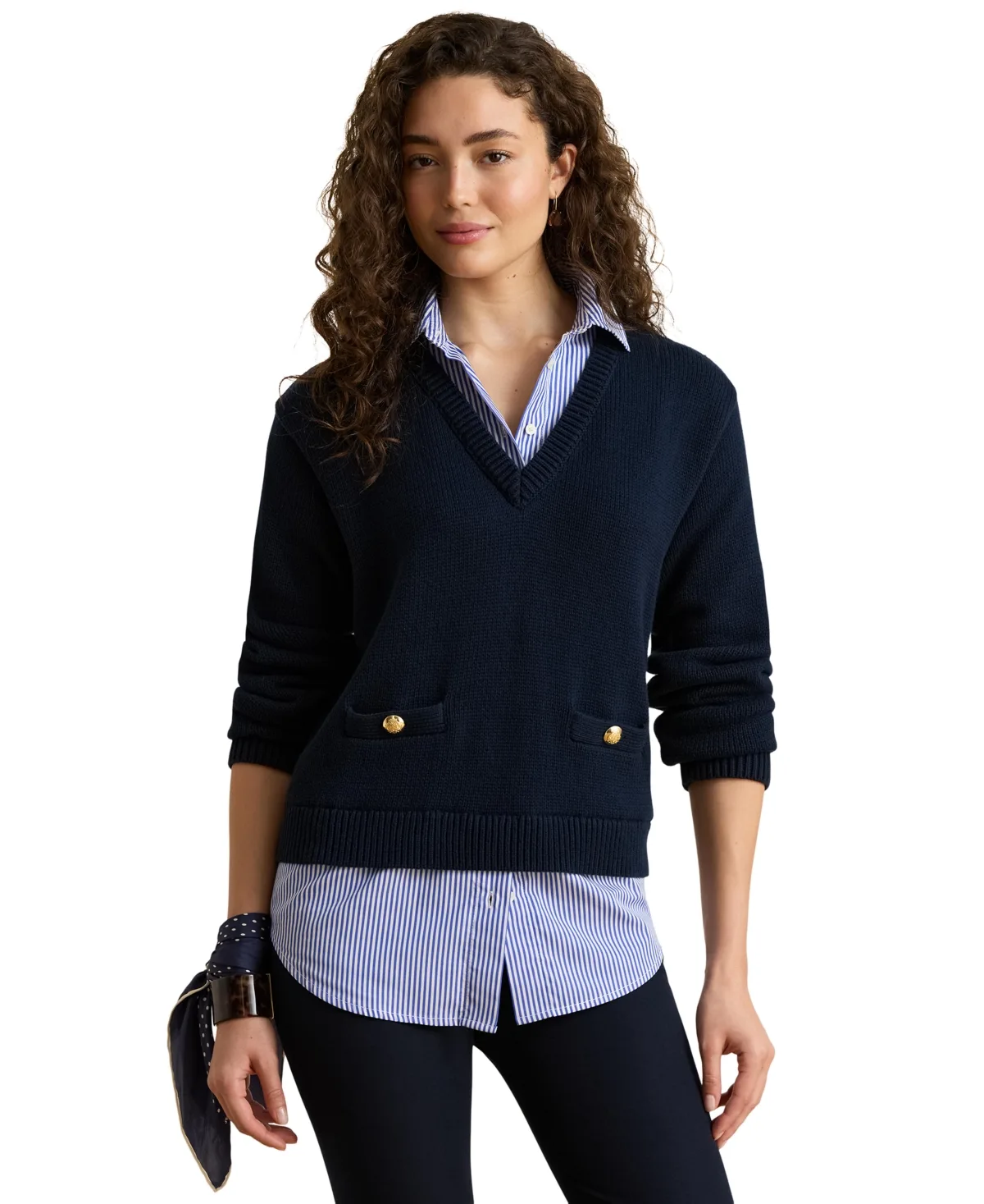 Layered Button-Trim V-Neck Sweater by Lauren Ralph Lauren