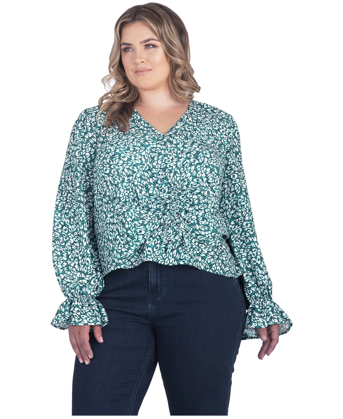 Long Flute Sleeve V-Neck Blouse Tops by Standards & Practices