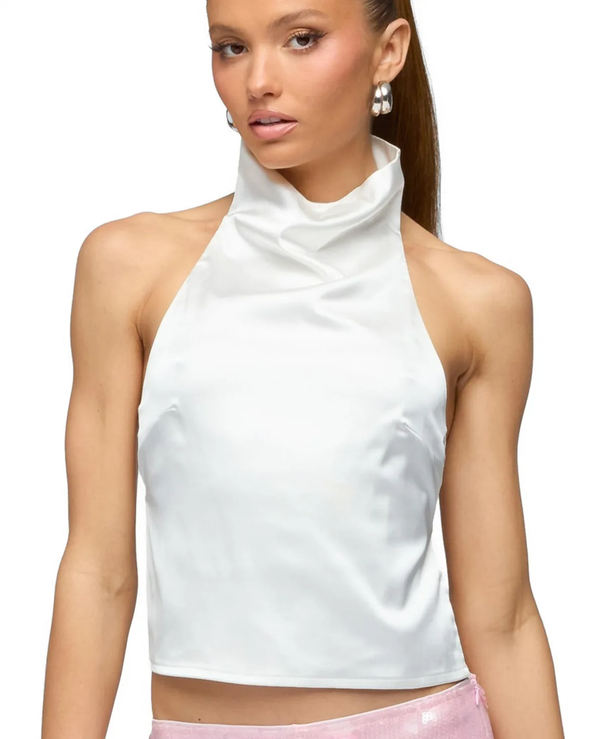 Satin Effect Backless Cowl Neck Top