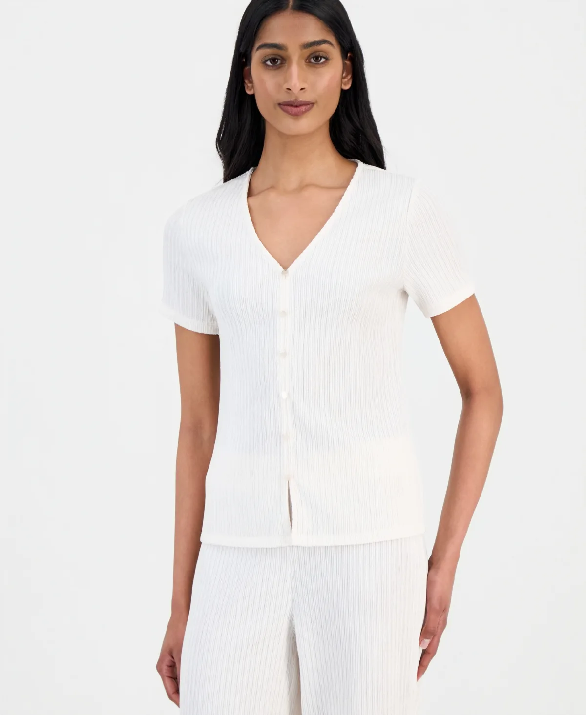 Crinkle-Knit Short-Sleeve Cardigan by Anne Klein