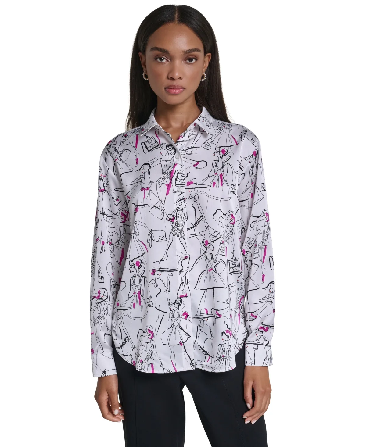 Collared Button-Up Long-Sleeve Blouse by Karl Lagerfeld Paris