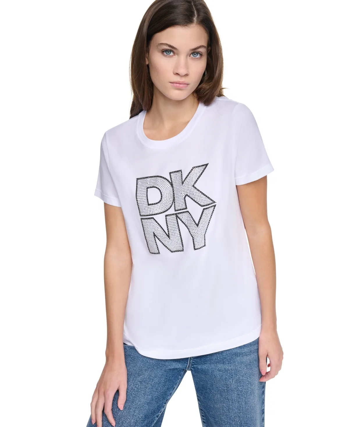 Distressed Rhinestone Logo Crewneck T-Shirt by Dkny Jeans