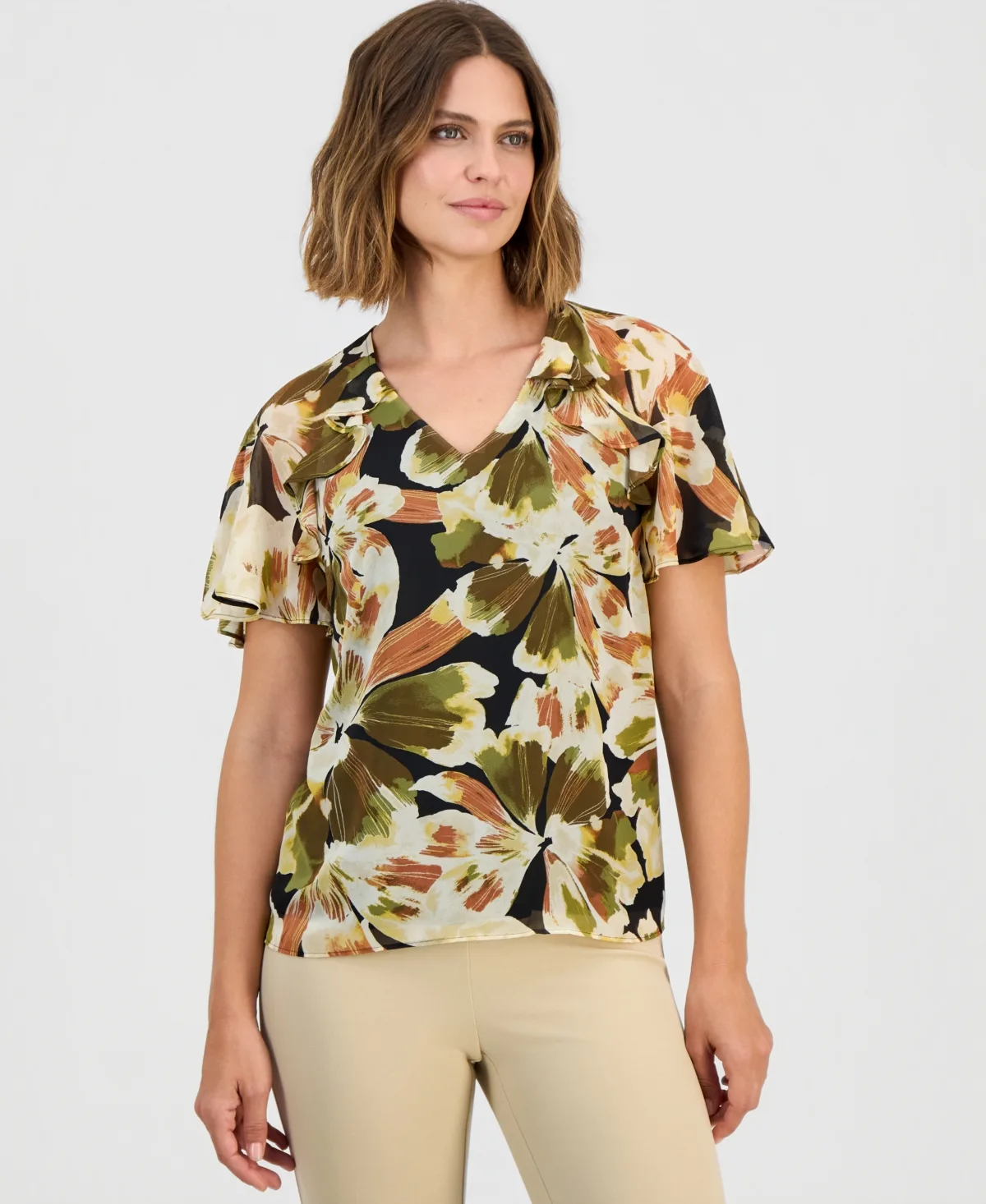 Ruffled Flutter-Sleeve Top by Anne Klein
