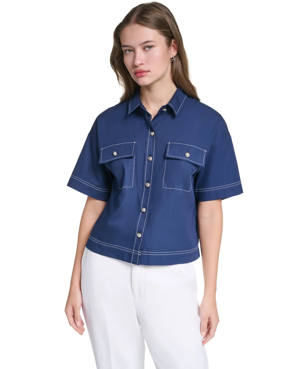 Cropped Poplin Button-Front Blouse by Karl Lagerfeld Paris