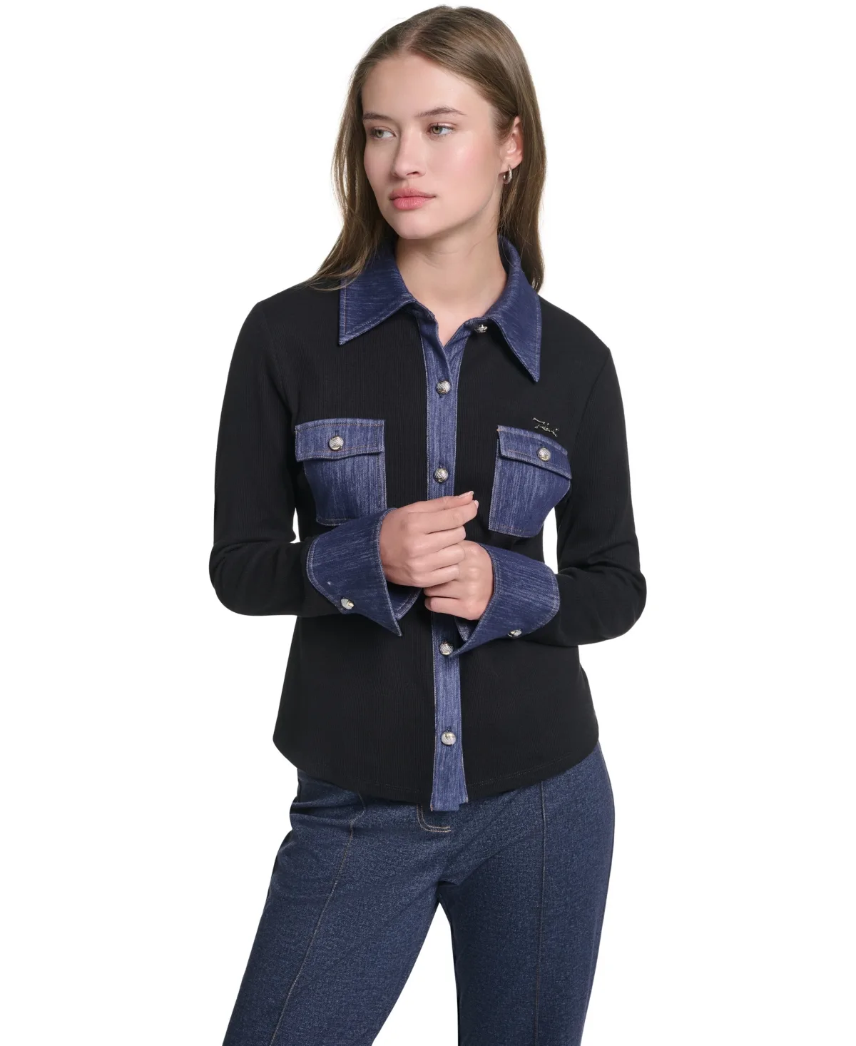 Denim Collar and Cuffs Knit Button-Up Sweater by Karl Lagerfeld Paris