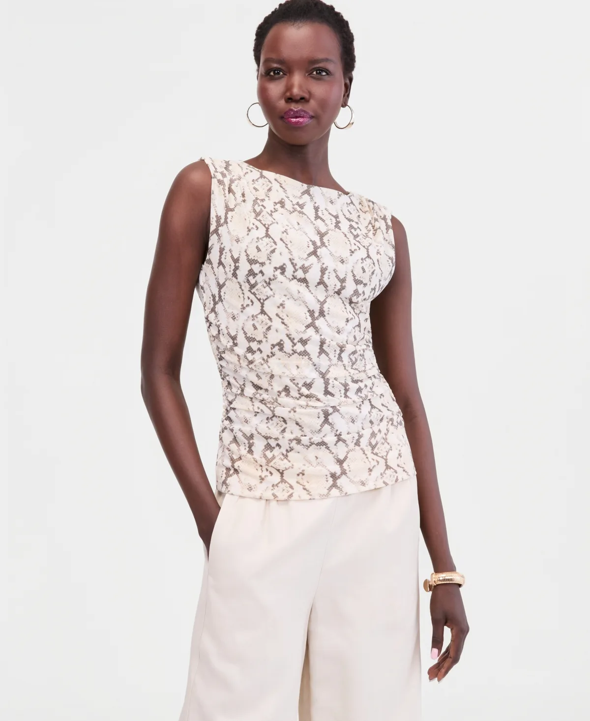 Printed High-Neck Ruched Mesh Tank