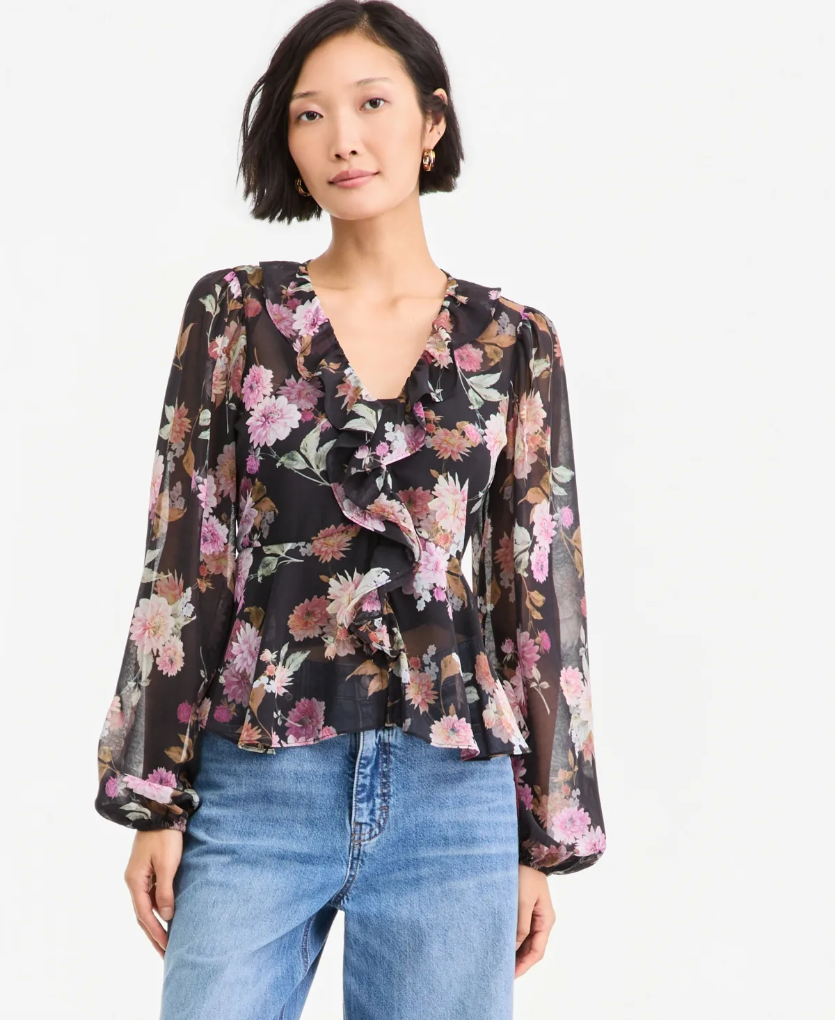 Long-Sleeve Peplum Ruffle Blouse by On 34th