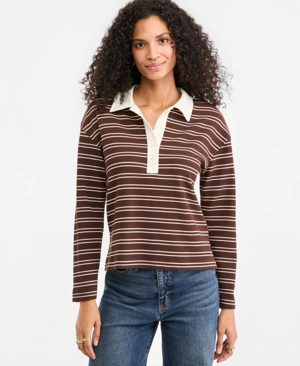 Stripe Pique Long-Sleeve Polo Shirt by On 34th