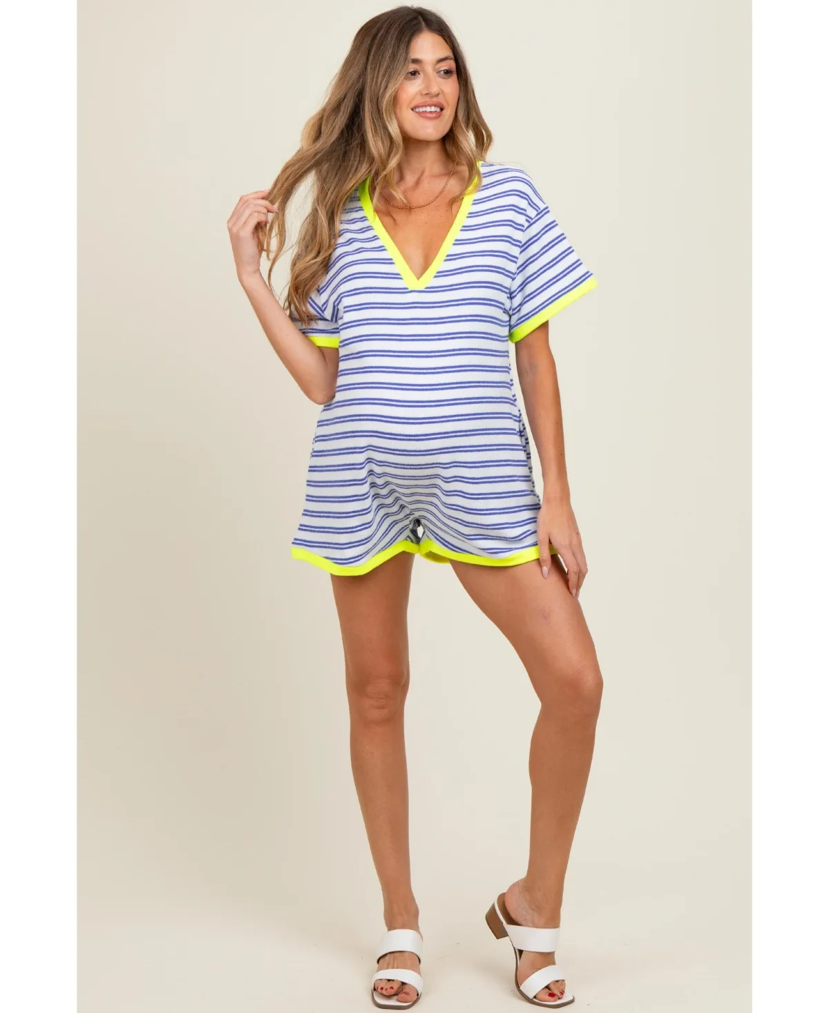 Waffle Knit V-Neck Short Sleeve Romper by Pinkblush