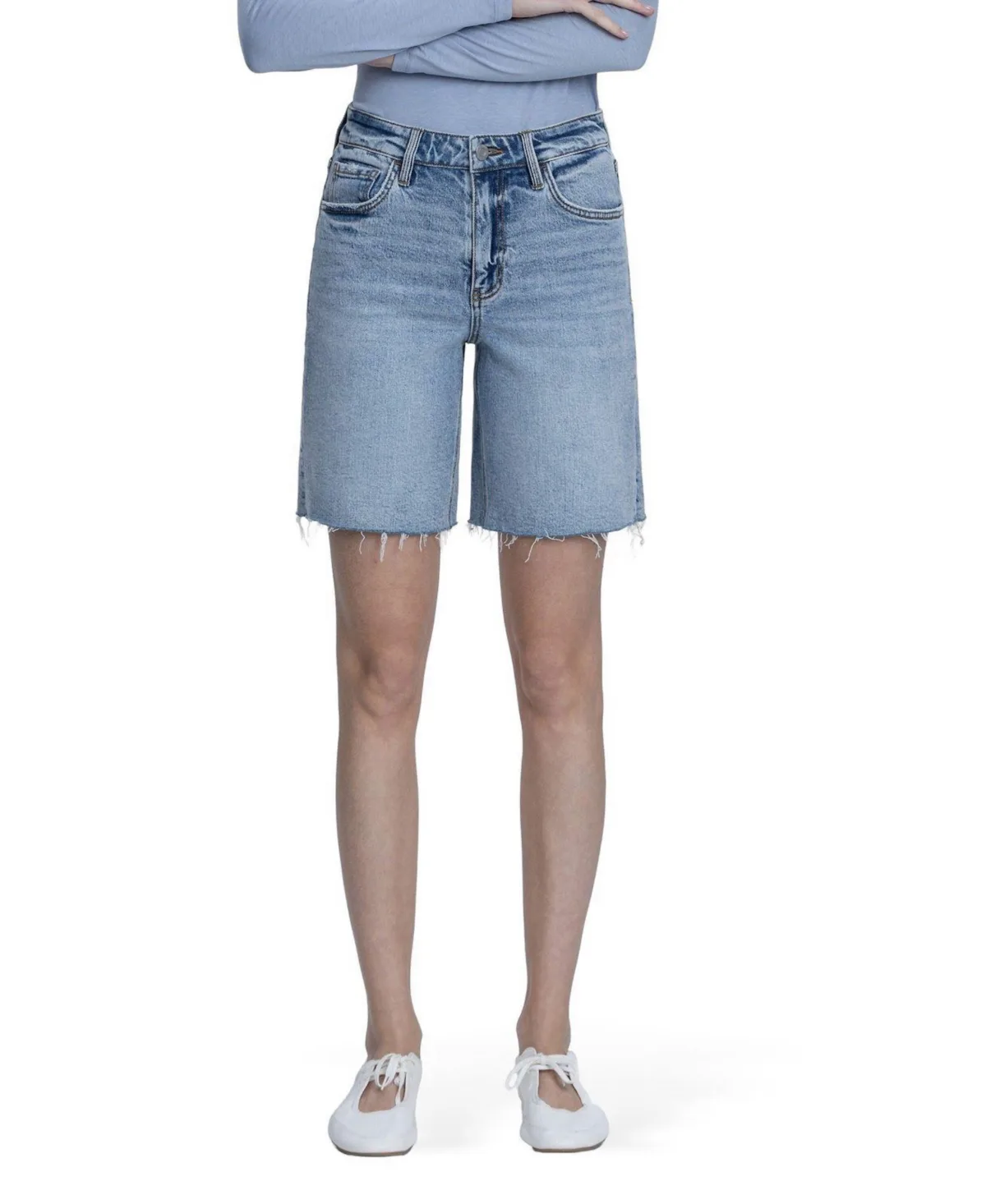 High Rise Raw Hem Denim Shorts by Vervet