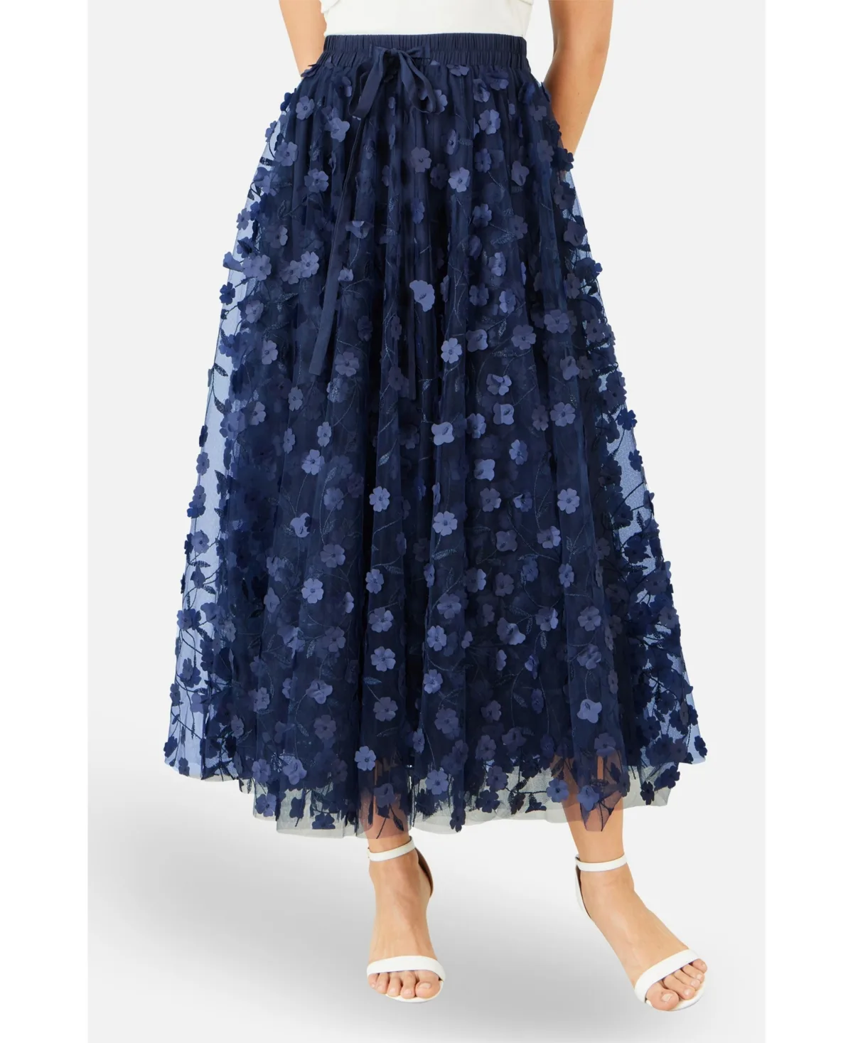 High-Waisted Floral-Applique Midi Skirt by Yumi