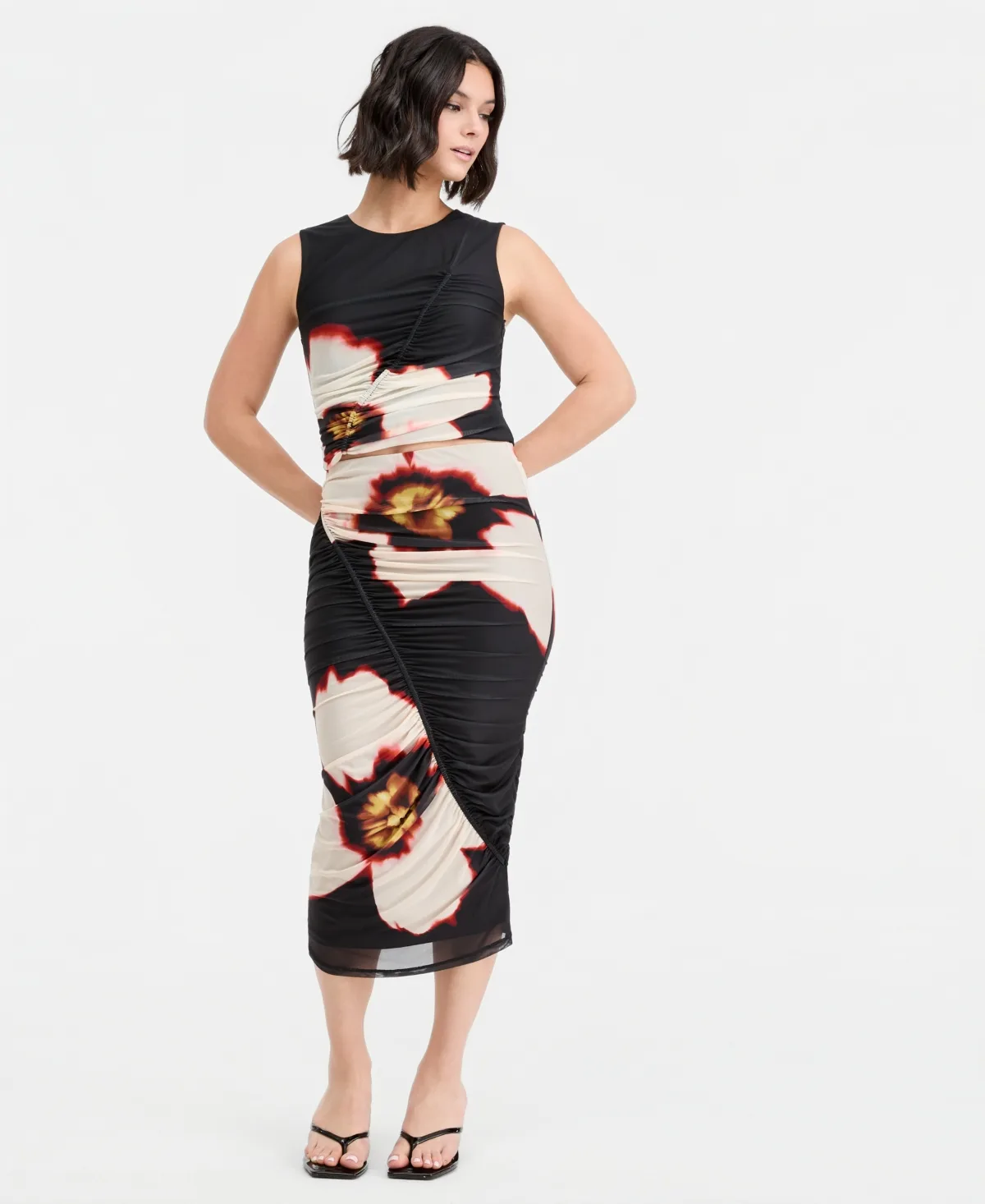 Plaid Mesh Ruched Bodycon Midi Skirt by Bar Iii